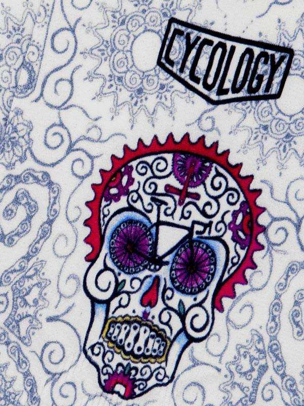 Cycology skull graphic cycling jersey with vibrant sugar skull design and gear accents