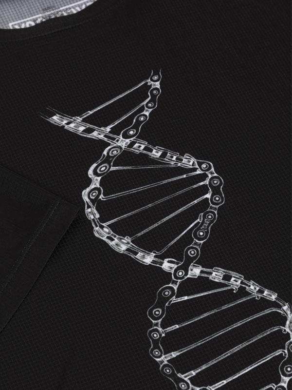 Black cycling jersey with white DNA chain graphic design