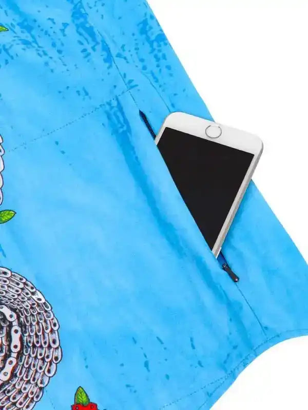 Blue cycling jersey with chain print and phone pocket, ideal for men's and women's rides