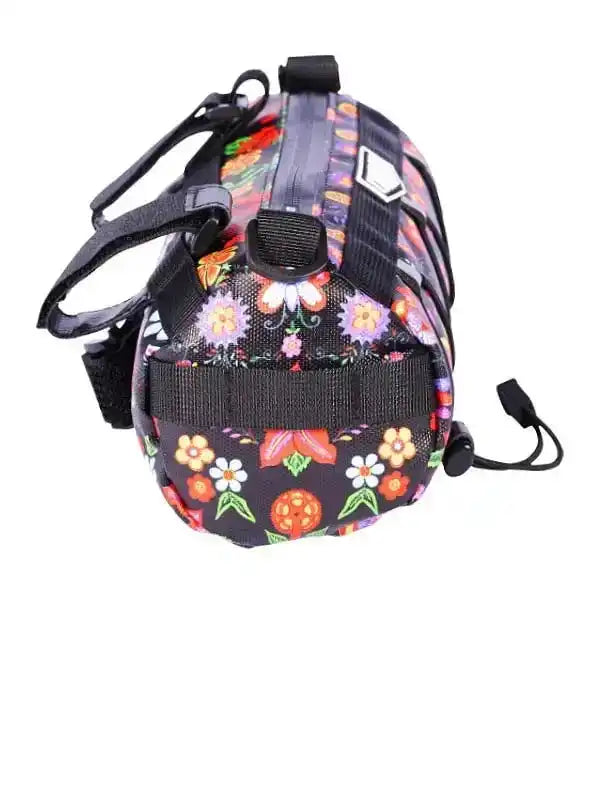 Floral pattern cycling saddle bag with black straps and zipper, ideal for bike rides