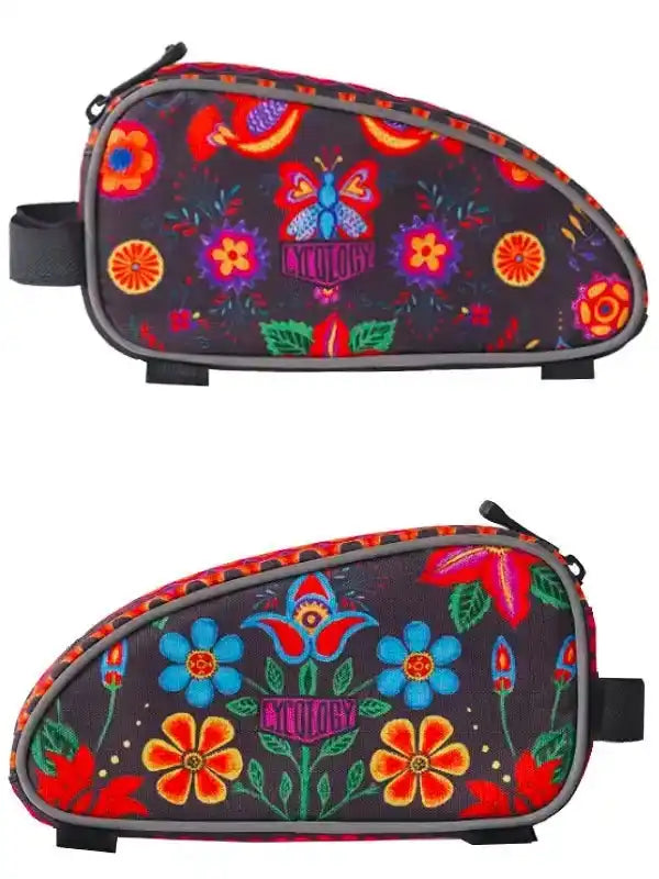 Colorful floral cycling saddle bag with butterfly design, ideal for bike rides and outdoor adventures.