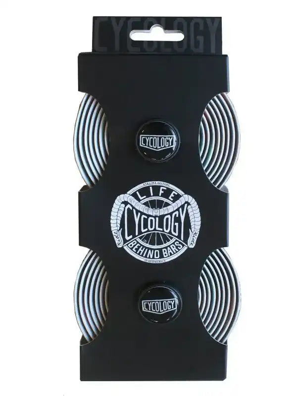 Cycology cycling bar tape set with 'Life Behind Bars' design, black packaging, premium grip tape for road bikes