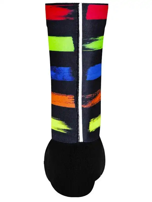 Colorful cycling socks with bold brushstroke stripes in red, green, blue, orange, and black for men and women