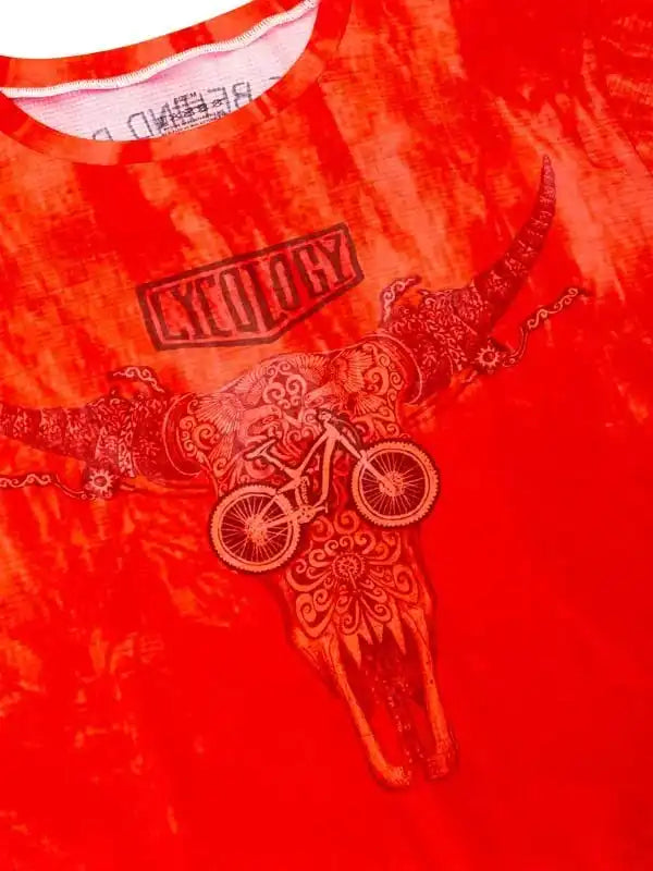 Red tie-dye cycling t-shirt with bull skull and bike graphic, men's and women's bike apparel