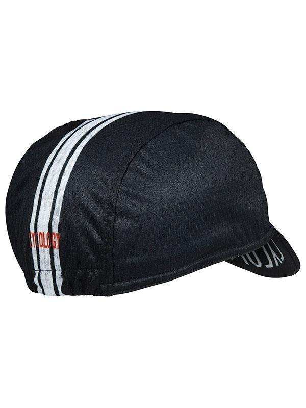 Black cycling cap with white stripes and red logo, ideal for men's and women's bike rides