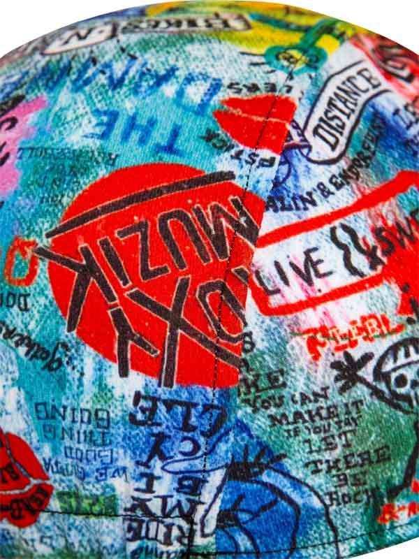 Vibrant graffiti-style cycling cap with bold text and colorful urban art design