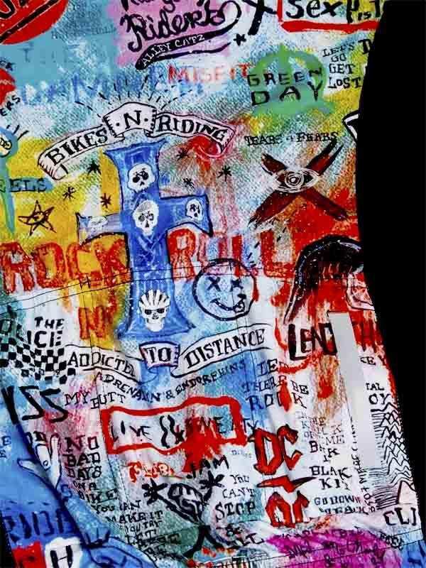 Colorful rock band graphic cycling jersey with skulls, band names, and punk-style art for men and women.