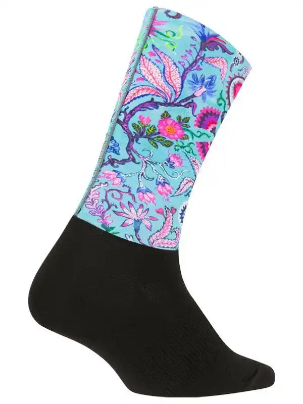Cycling sock with vibrant floral pattern on teal background, black foot, unique design for riders