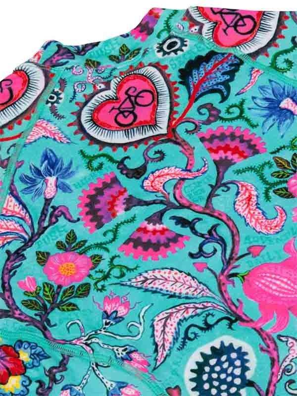 Vibrant cycling jersey with floral and heart bike print, ideal for women's cycling wear