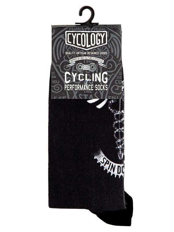 Black cycling performance socks with chain graphic, artisan-designed for bike riders