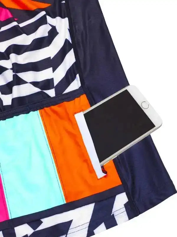 Colorful cycling shorts with phone pocket, geometric pattern, and stretch fabric for men and women