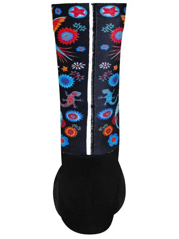 Colorful floral and lizard pattern cycling socks with black toe and heel
