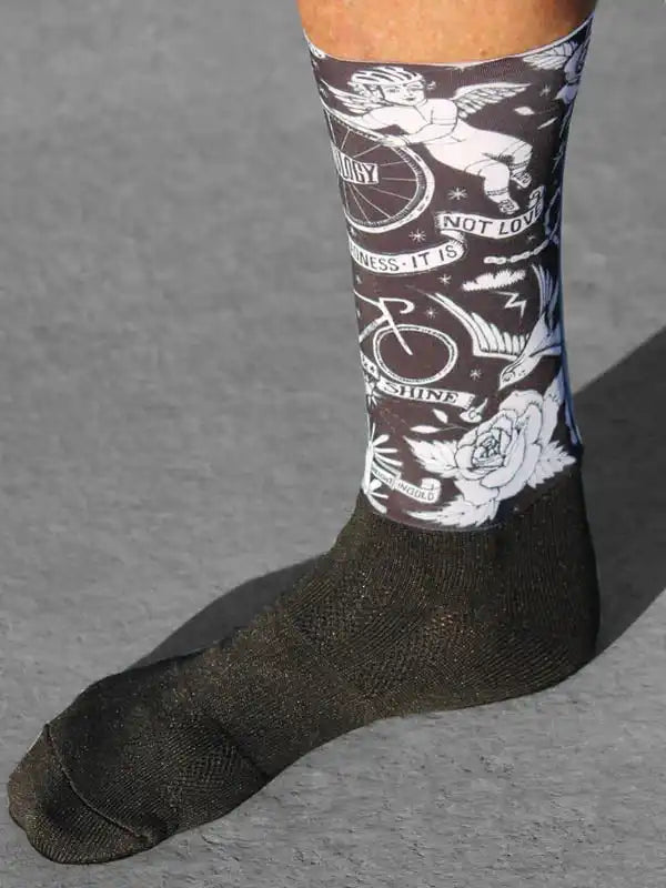 Cycling sock with angel, bike, and rose tattoo-style design for men or women