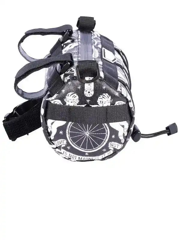 Black and white cycling saddle bag with angel and wheel design, adjustable straps for bike seat