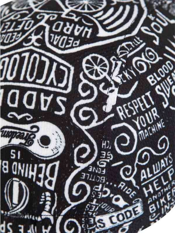 Black cycling jersey with white graphic print featuring bike motifs and cycling phrases like 'Respect Your Machine'