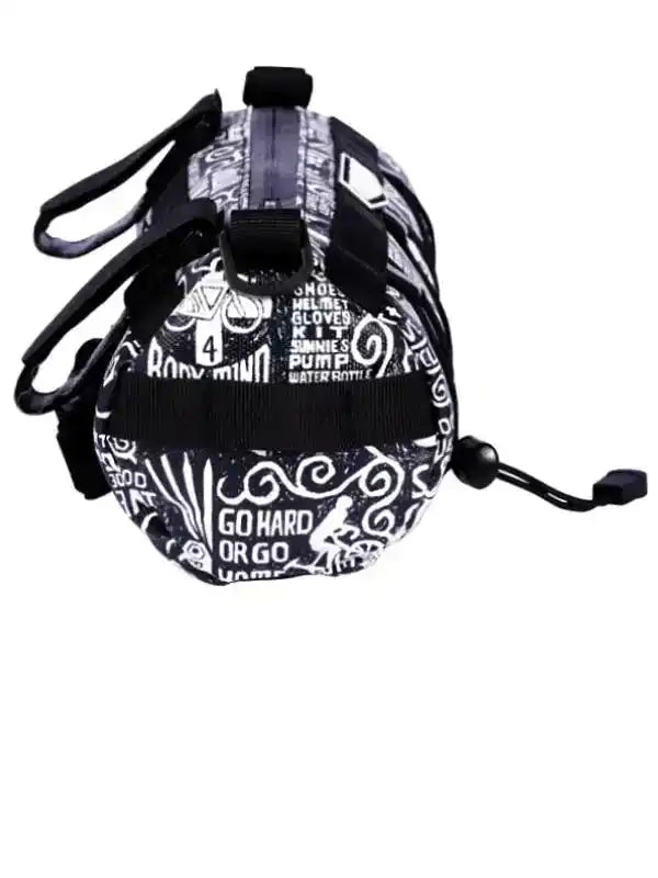 Black and white cycling gear drawstring bag with bold graphics and motivational text for cyclists
