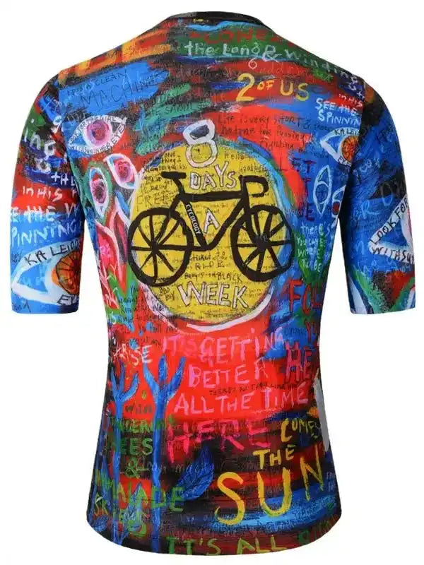 Colorful cycling jersey with bike graphic and bold text design for men's and women's rides