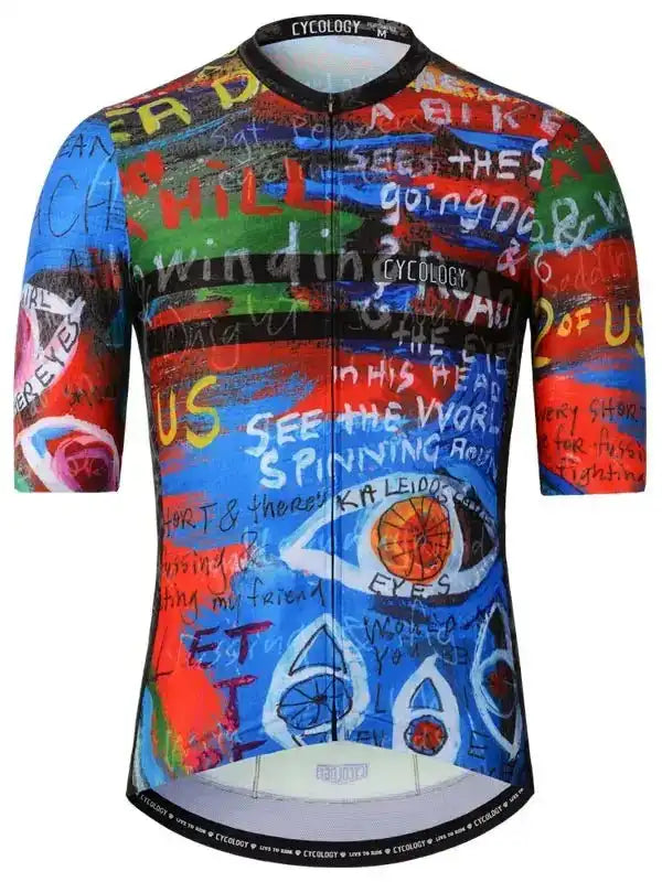Men's colorful graphic cycling jersey with bold text and eye design, ideal for road biking