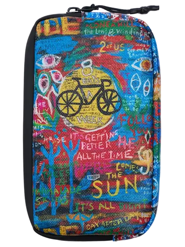 Colorful cycling-themed pouch with bike graphic, vibrant graffiti-style text, and artistic design for cyclists