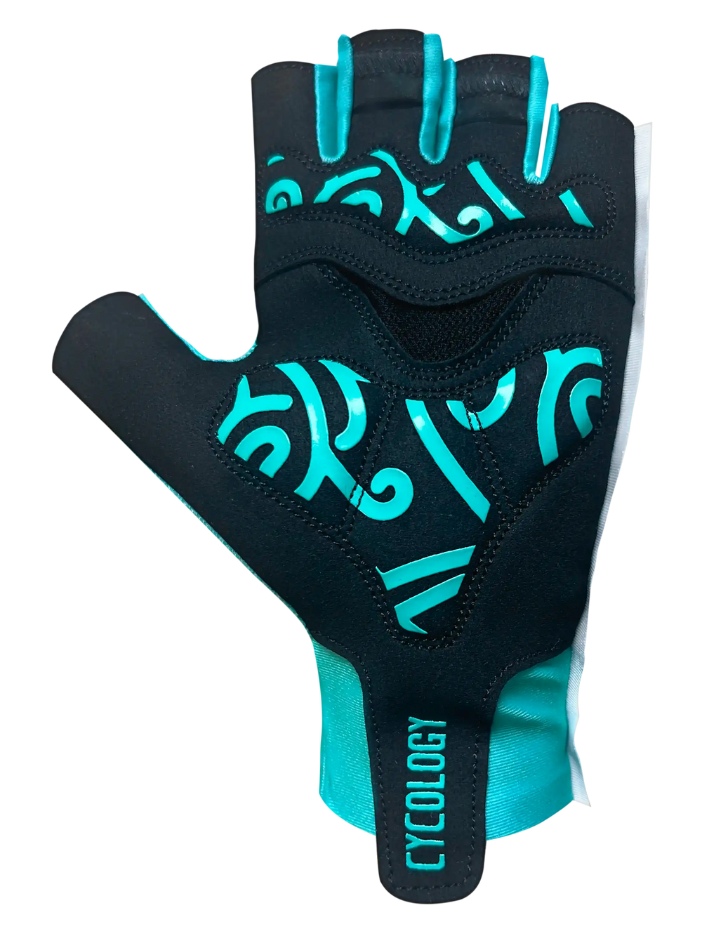 Black and teal fingerless cycling glove with bold graphic design, ideal for men's and women's bike rides.