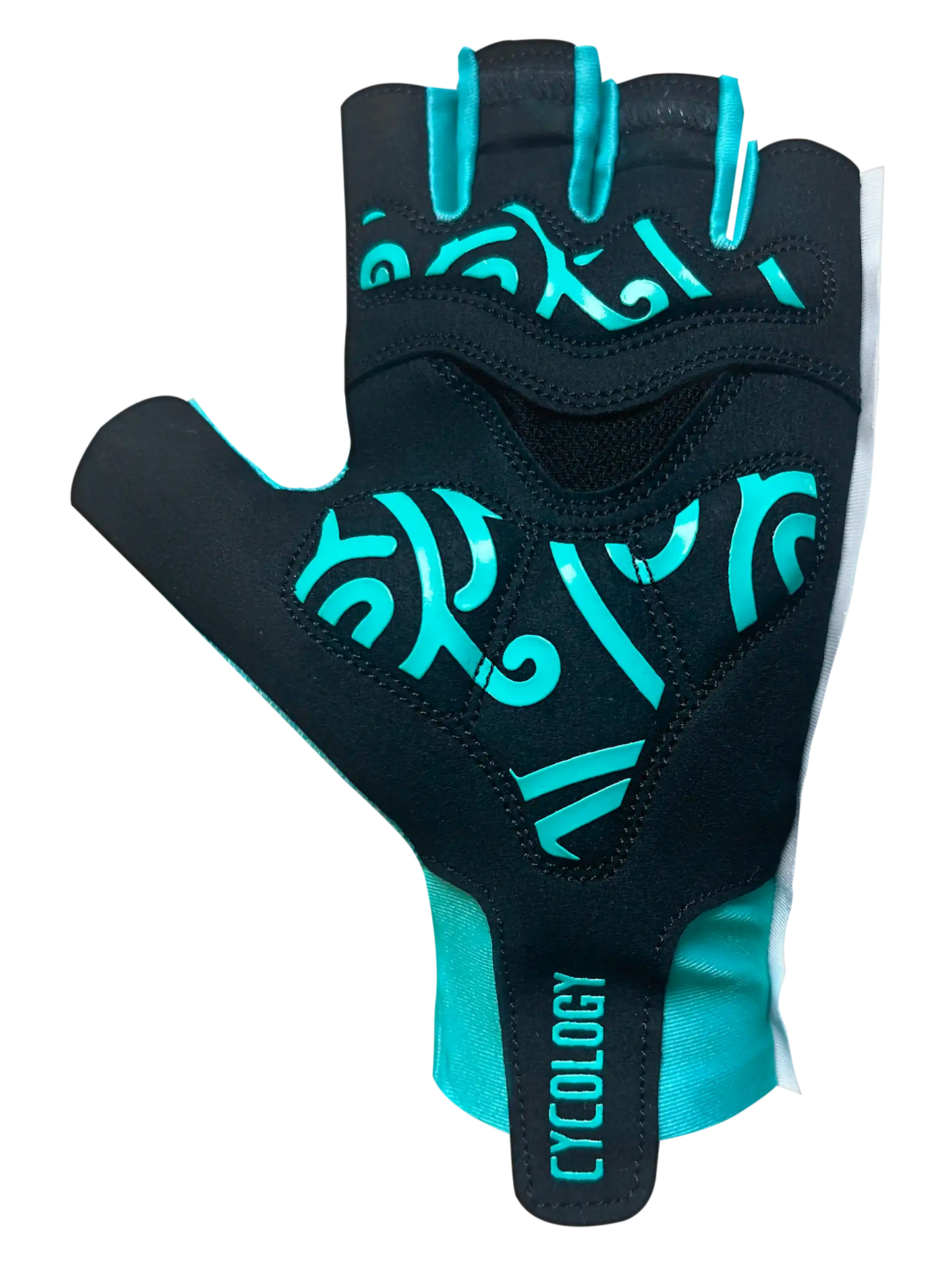 Black and teal fingerless cycling glove with bold graphic design, ideal for men's and women's bike rides.