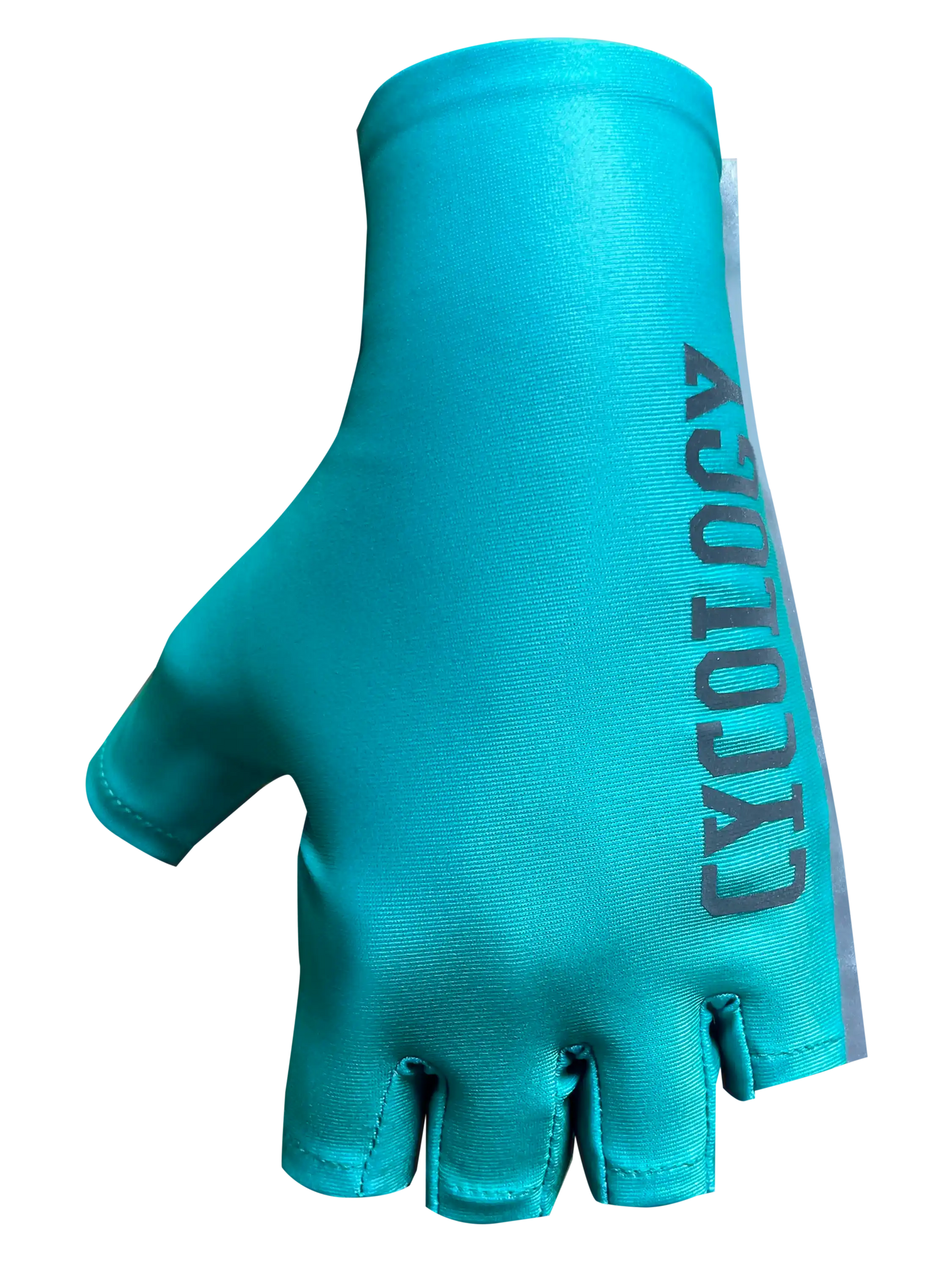 Teal fingerless cycling glove with CYCOLOGY logo, designed for men's and women's bike rides