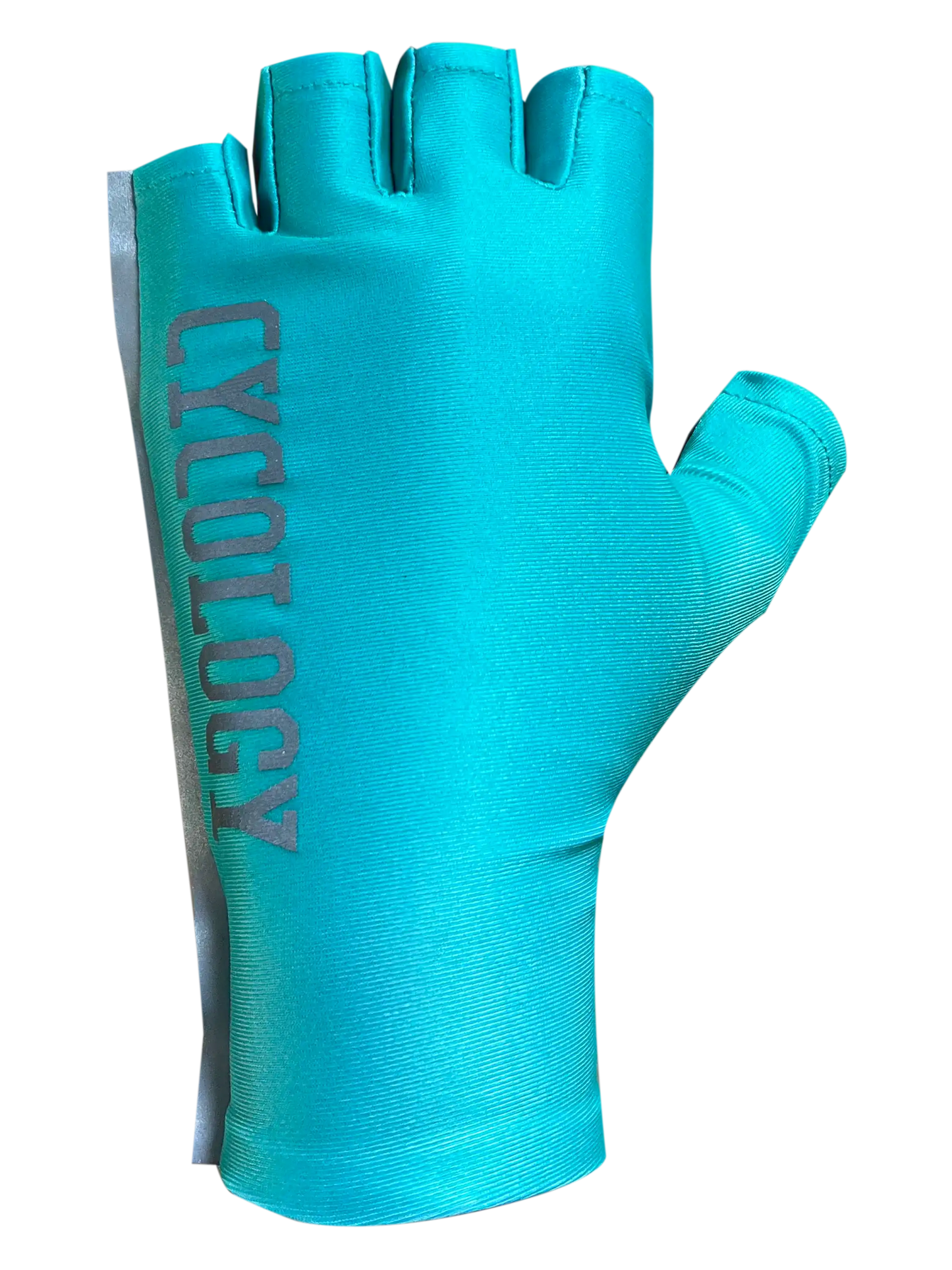 Teal fingerless cycling glove with 'CYCOLOGY' branding, designed for comfort and performance on rides.