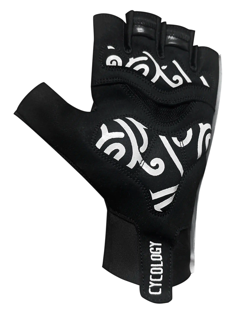 Black fingerless cycling glove with white swirl design and CYCOLOGY branding, ideal for men's and women's bike rides.