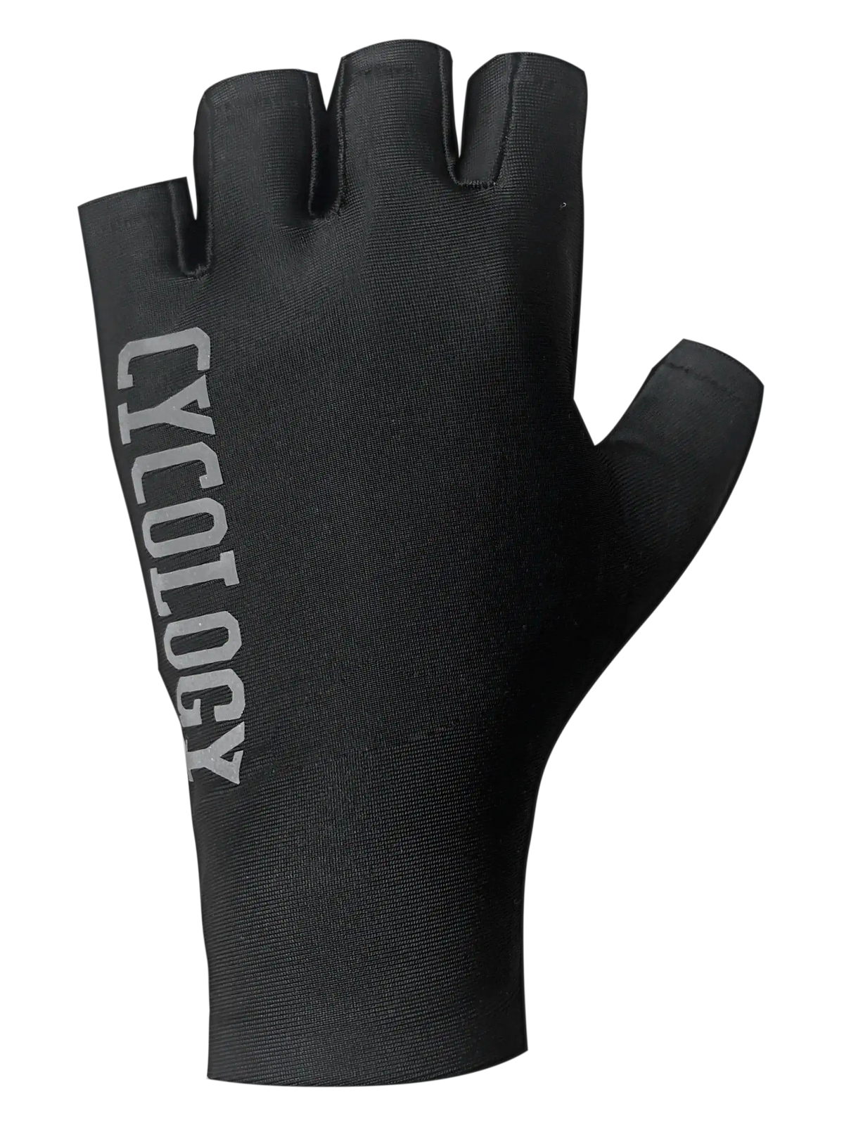 Black fingerless cycling glove with 'CYCOLOGY' logo, designed for comfort and grip during rides.