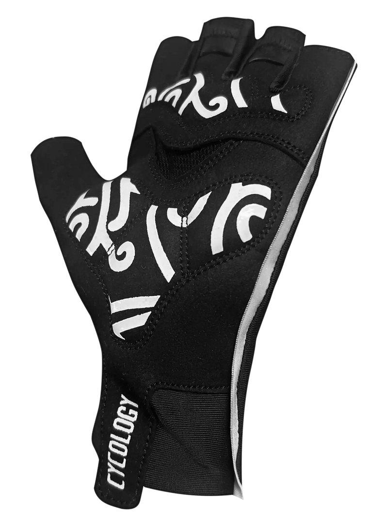 Black fingerless cycling glove with white graphic design and Cycology branding, ideal for men's and women's bike rides.