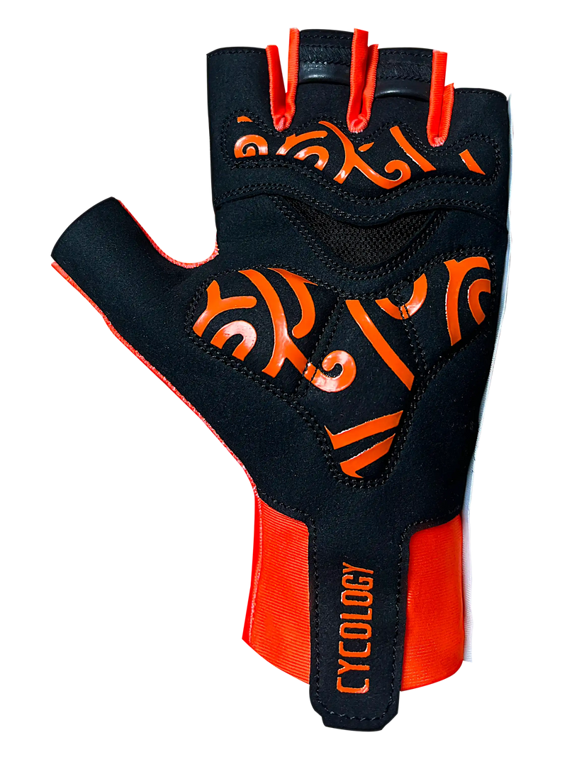 Black and orange fingerless cycling glove with bold graphic design and Cycology branding