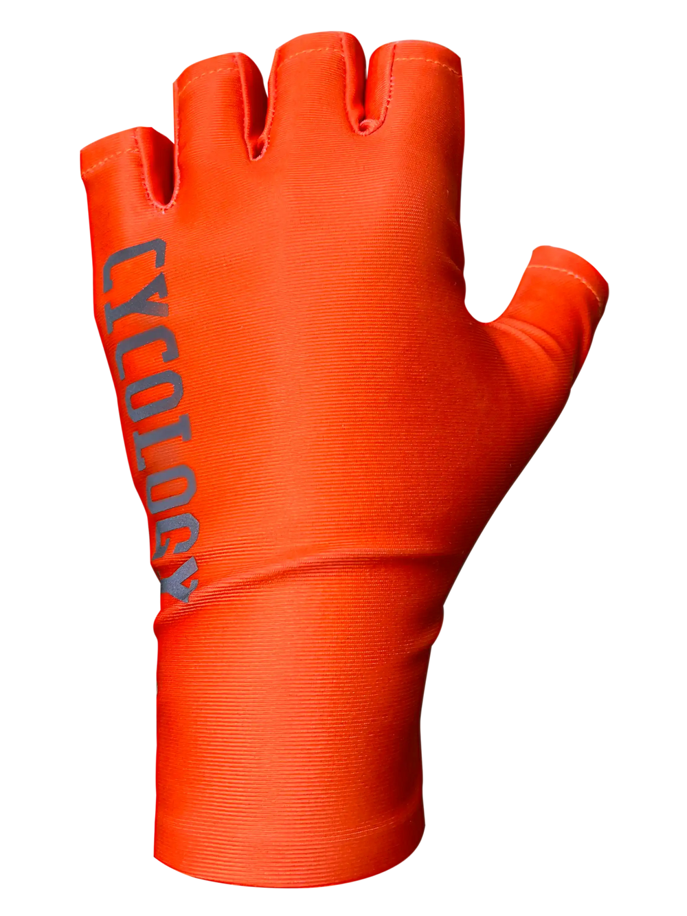 Bright orange fingerless cycling glove with 'CYCOLOGY' branding, designed for men and women riders.