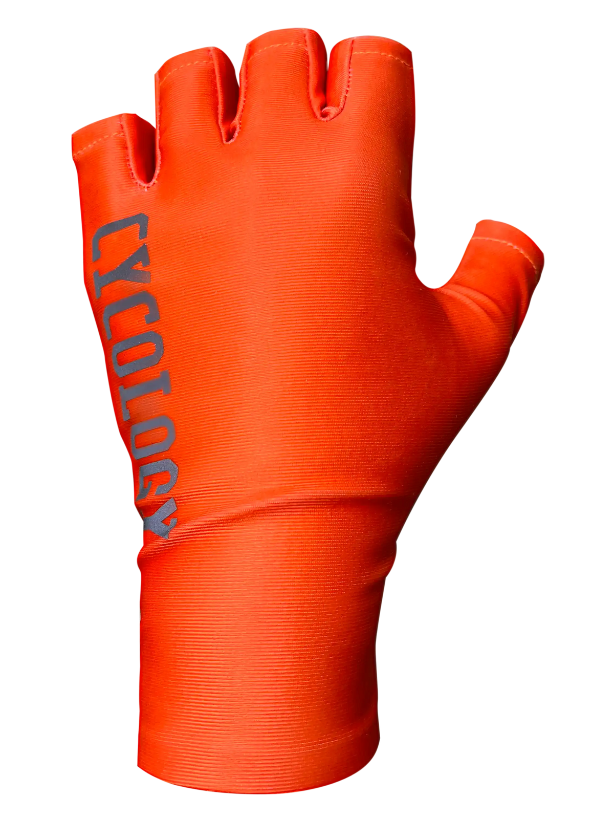 Bright orange fingerless cycling glove with 'CYCOLOGY' branding, designed for men and women riders.