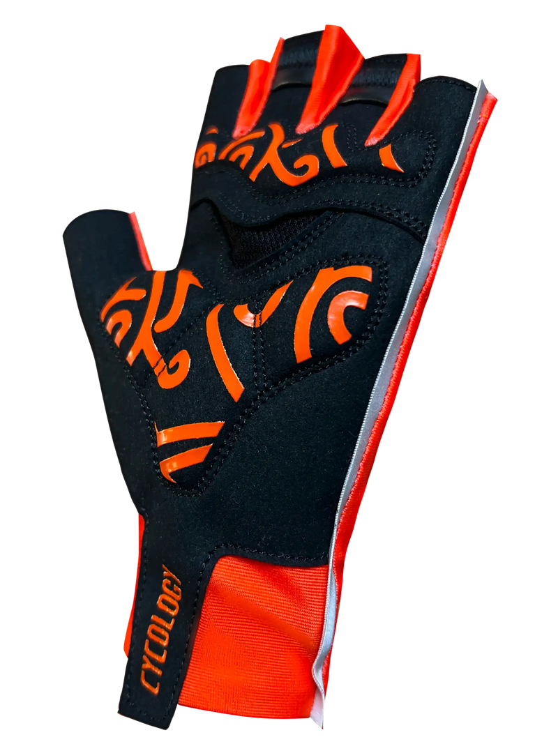 Black and orange fingerless cycling gloves with bold graphic design and padded palm for comfort.