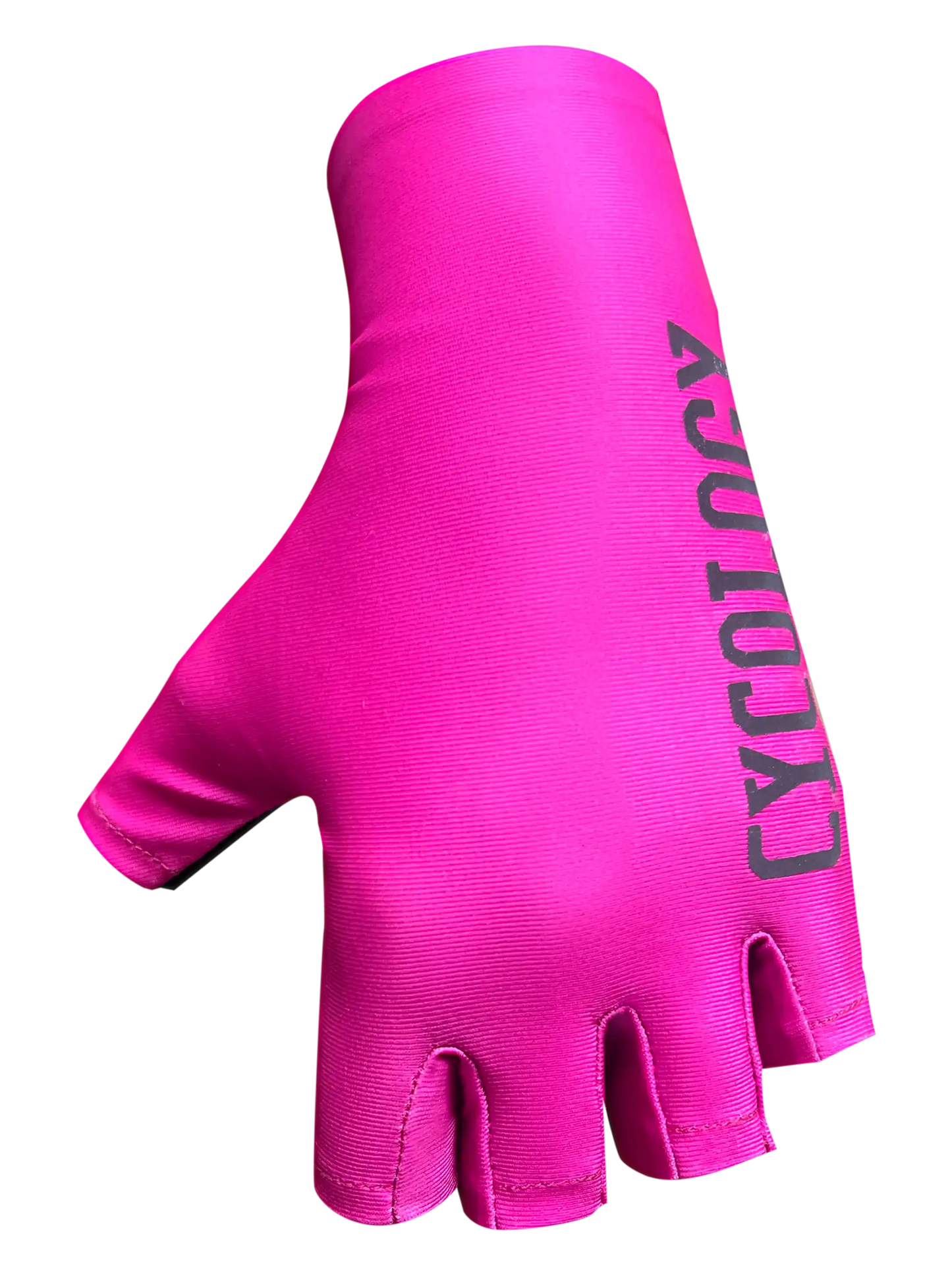 Bright pink cycling glove with black 'CYCOLOGY' logo, fingerless design for summer rides