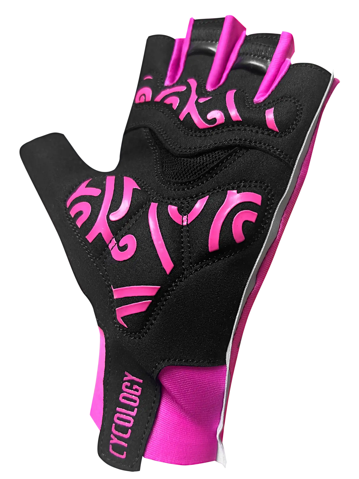 Black and pink cycling gloves with bold design for women's bike rides