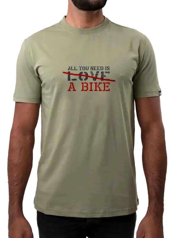 Men's olive cycling t-shirt with 'All You Need Is A Bike' graphic design
