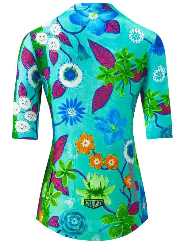 Vibrant floral cycling jersey with blue, green, and orange patterns for women's bike rides