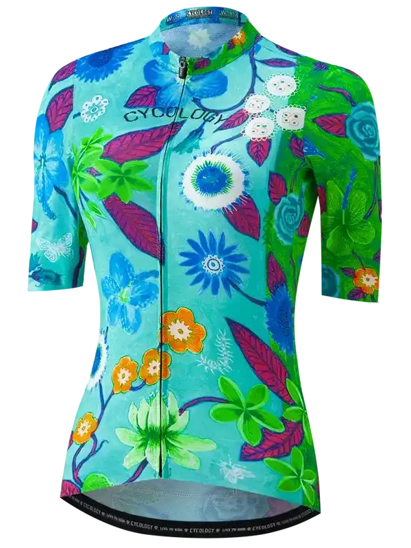Vibrant floral cycling jersey with blue, green, and purple patterns for women's bike rides