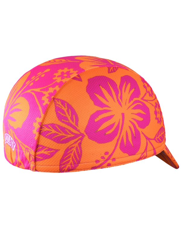 Neon pink and orange cycling cap with floral pattern 