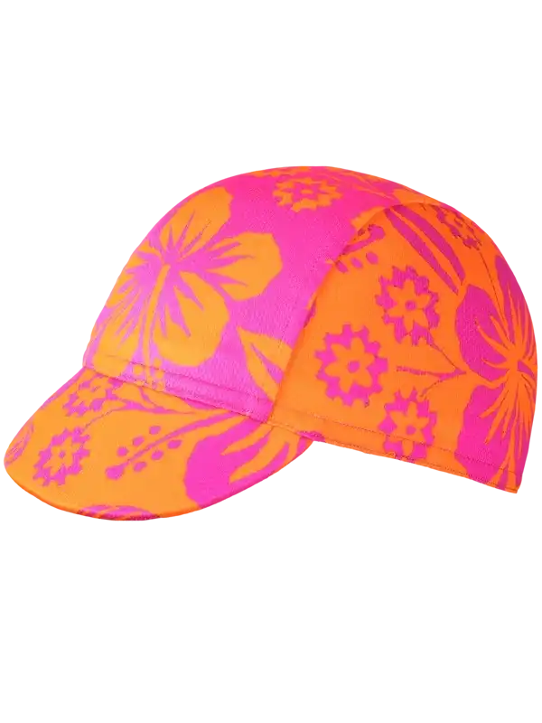 Vibrant pink and orange floral cycling cap with tropical hibiscus print for women's bike rides