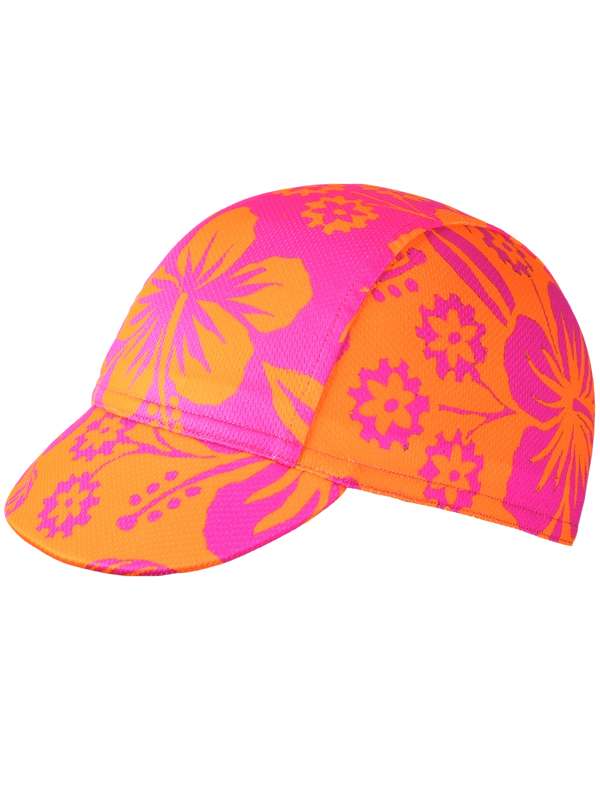 Neon pink and orange  cycling cap with floral pattern 