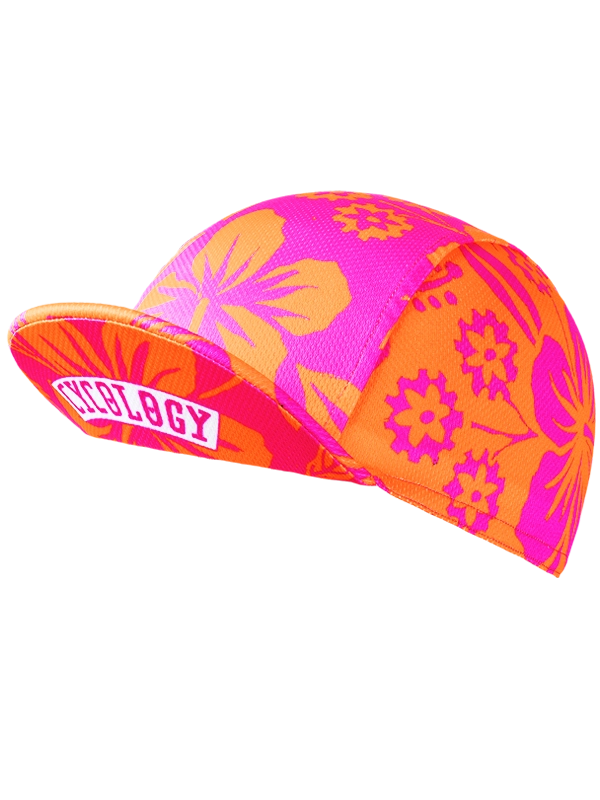 Neon pink and orange  cycling cap with floral pattern 