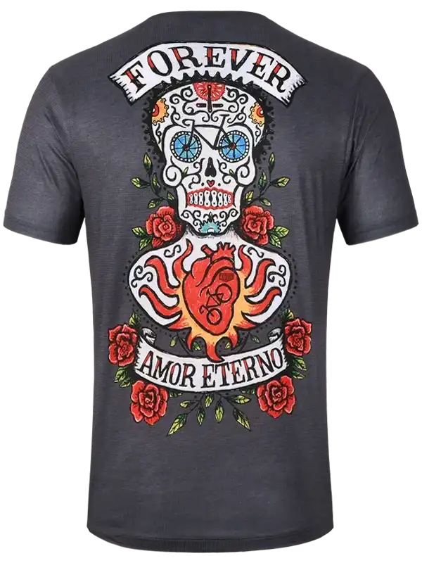 Men's cycling t-shirt with sugar skull, roses, and 'Forever Amor Eterno' design on dark gray fabric