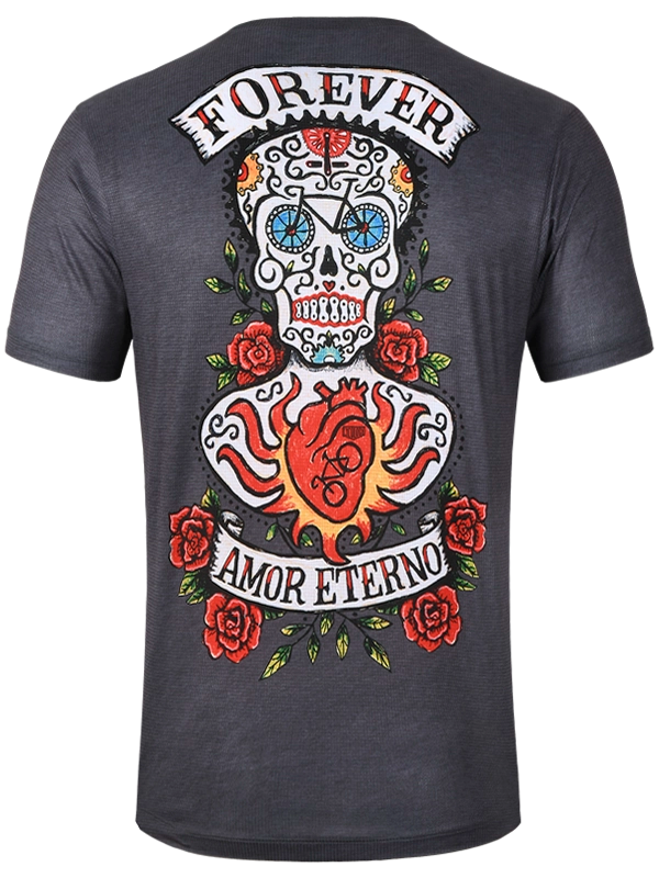 Men's Grey t-shirt with a colorful skull and heart design on the back, featuring the text 'Forever Amor Eterno'.