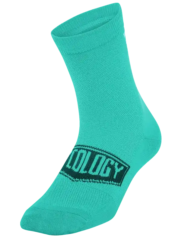 Teal cycling sock with 'OLOGY' logo, breathable fabric for men's and women's bike rides