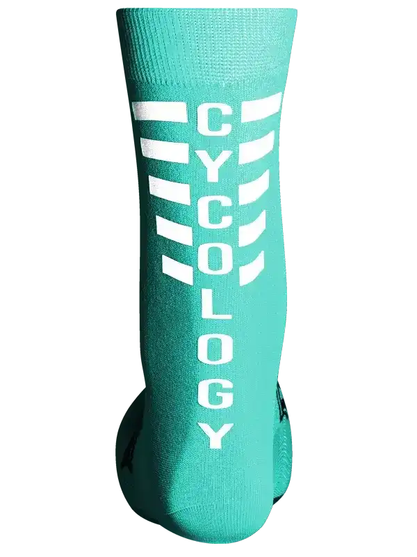 Mint green cycling sock with white CYCOLOGY text and stripe design, performance wear for cyclists
