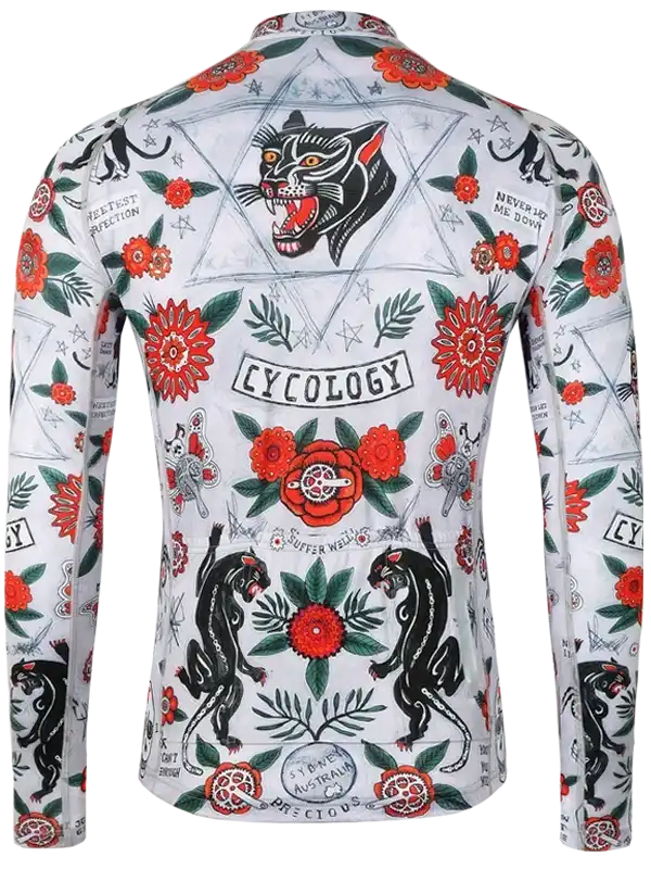 Men's cycling jersey with bold panther and floral tattoo print, long sleeve, high-quality fabric