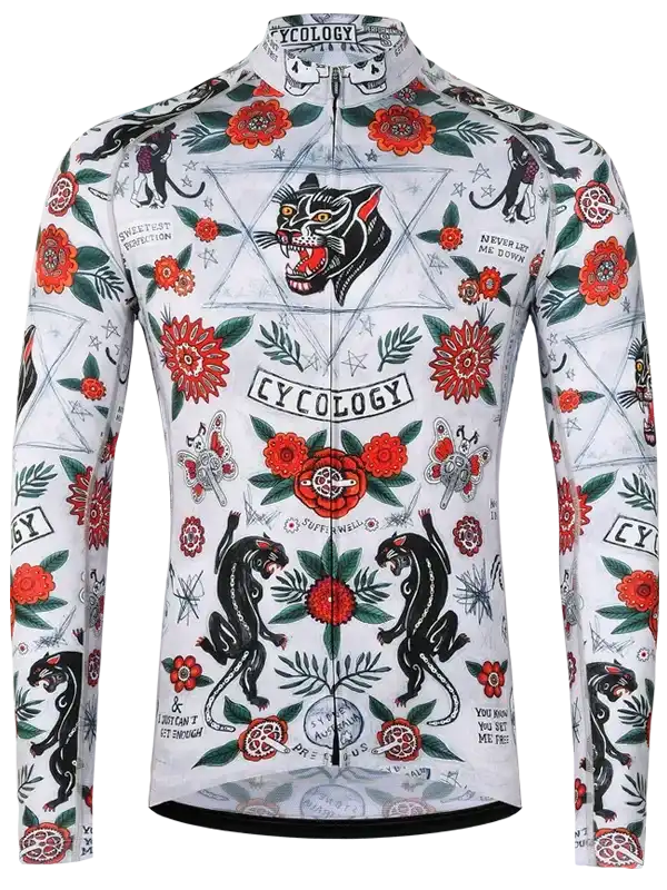 Men's long sleeve cycling jersey with bold panther and floral tattoo print design