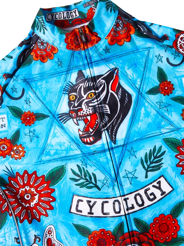 Blue men's Winter  long sleeve cycling jersey with floral and panther design 